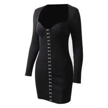

Autumn Women Short Dress Retro Shoulders Wrapped V Neck Bodycon Pencil Dress Ladies Sexy Eye-hook Rivet Long Sleeve Party Dress