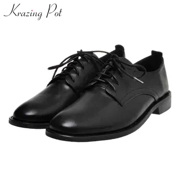 

Krazing pot new genuine leather British style lace up shoes round toe low heels women daily wear solid cozy neutral pumps L08