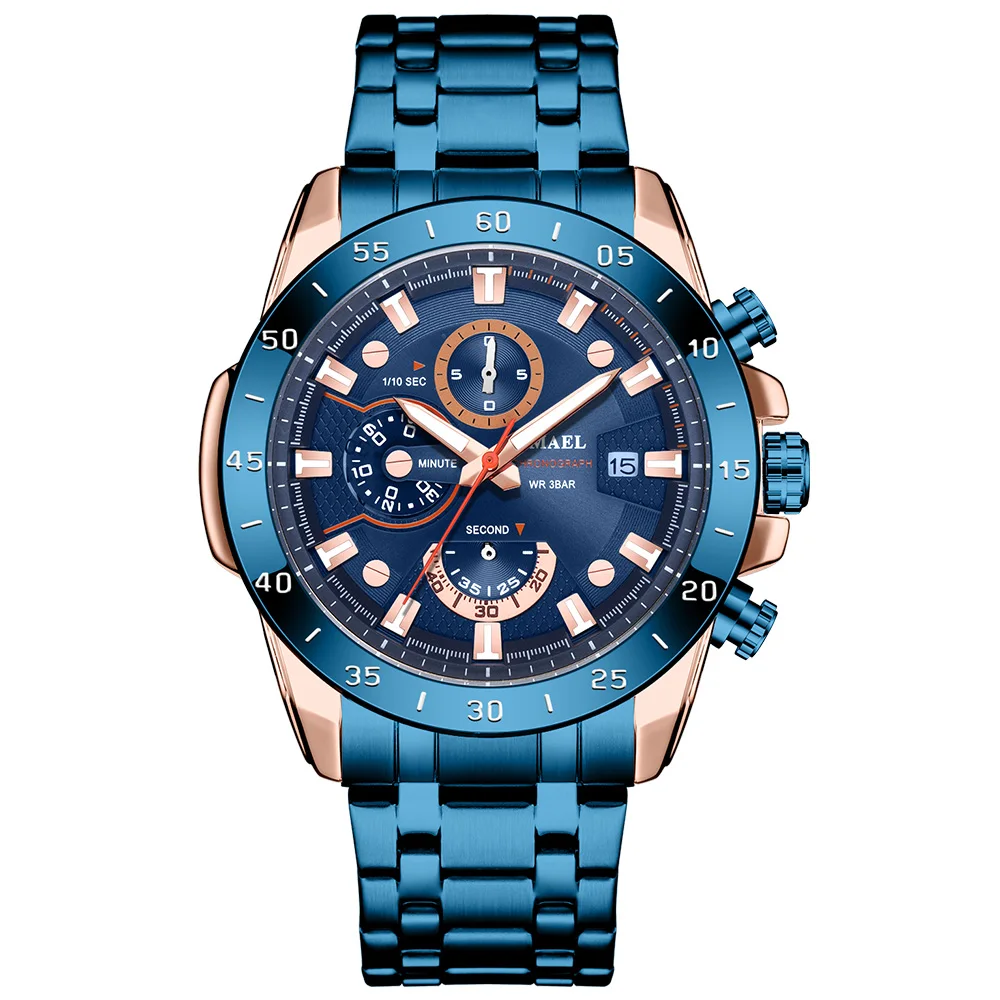 SMAEL Для мужчин s часы лучший бренд класса люкс большой циферблат хронограф серебряные спортивные часы Для мужчин Водонепроницаемый Нержавеющая сталь наручные 9090 - Цвет: Синий