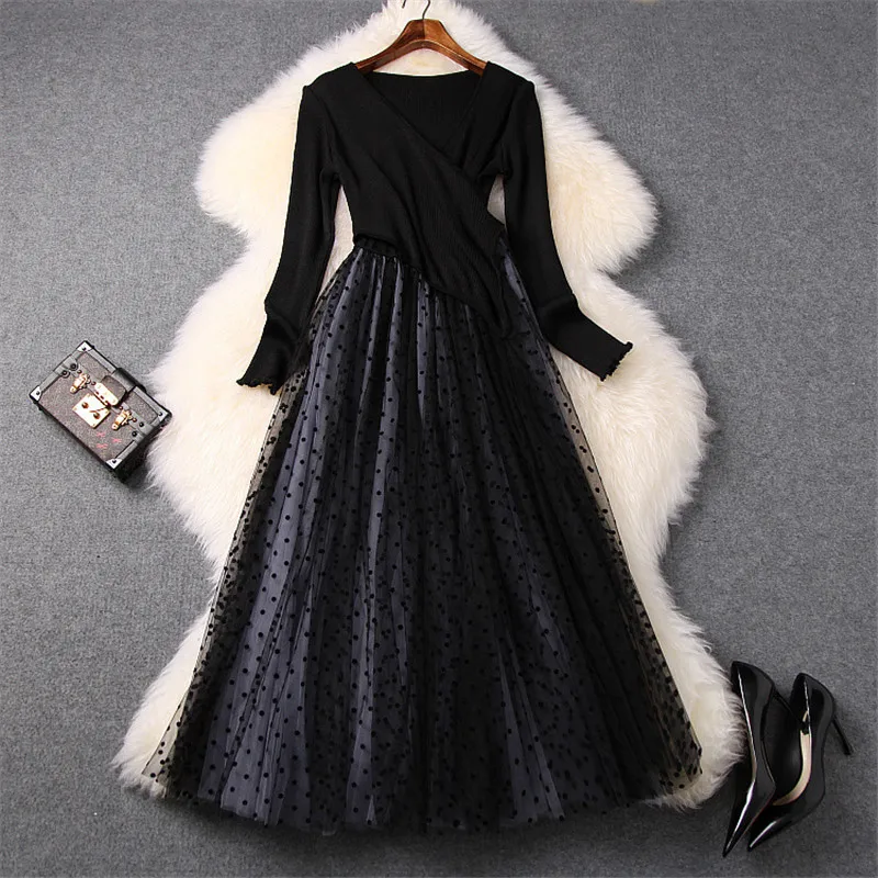 Runway Fashion Designers Autumn Winter Dresses Women 2019 Long Sleeve V Neck Knitted Patchwork Dot Tulle Ball Gown Party Dress | Женская