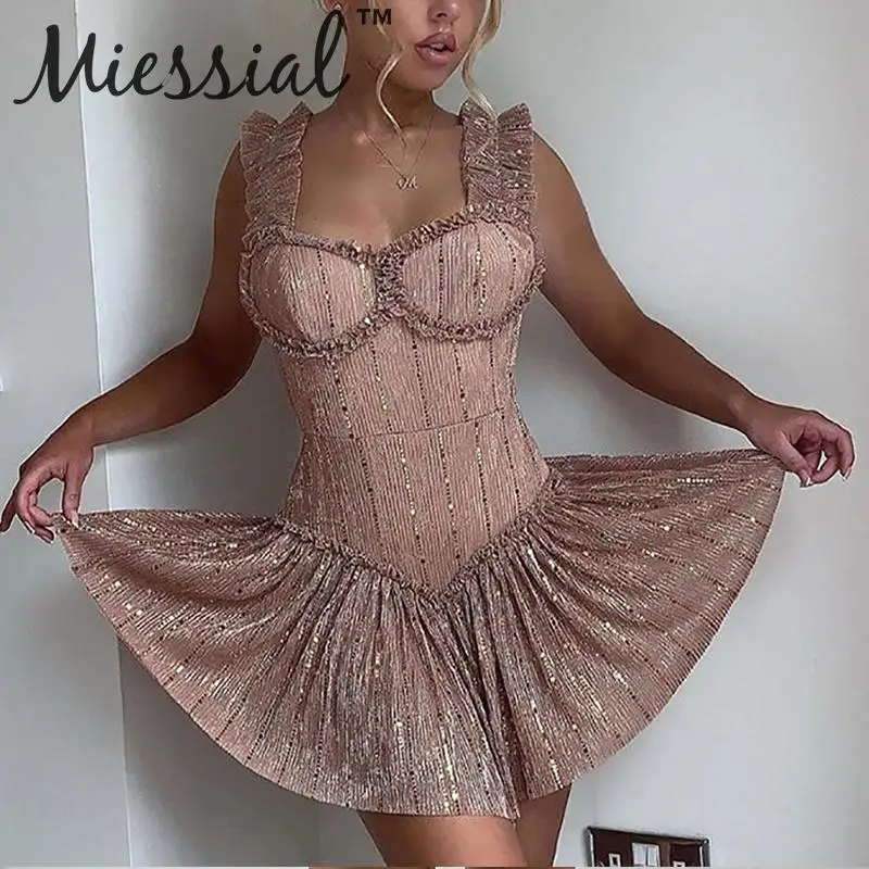 Miessial черное с открытой спиной блестками плиссированное сексуальное мини платье