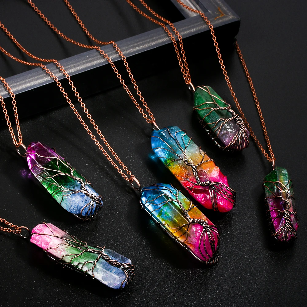 

Handmade Clear Rainbow Crystal Tree Of Life Chakra Pendant Bronze Wire Wrap Necklace for Women Men long chain Jewelry Gift