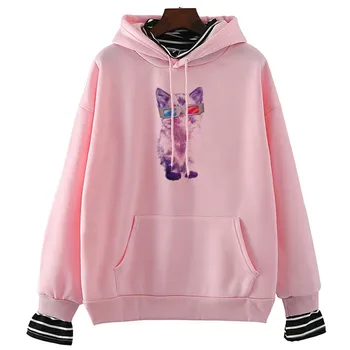 

3D Glasses Cat Print Women Hoodie Fashion Vintage Winter&spring Style Long Sleeve O Neck Tops Casual White Pink Female