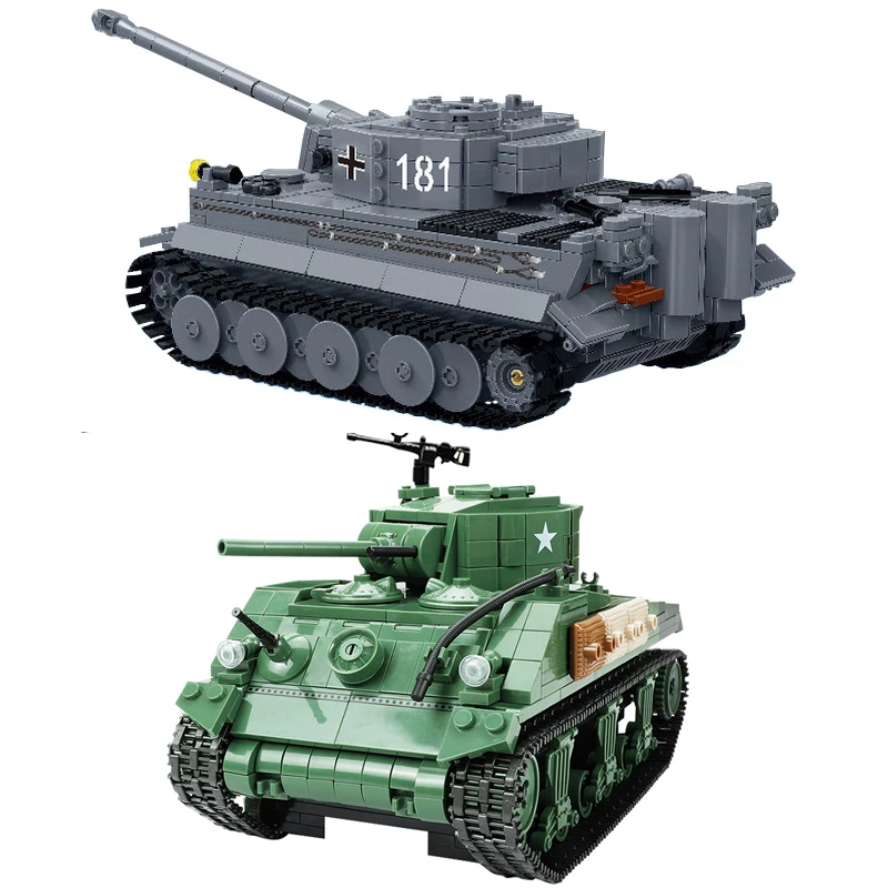 WW2 Military Tiger Heavy Tank Building Blocks Army Weapon Figure T-34 Soviet Sherman M4A1 Bricks Set MOC Children Toys Gift | Игрушки и