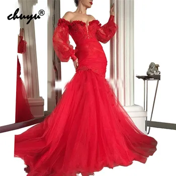 

Red Evening Dress Tulle Off the Shoulder Long Sleeve Mermaid vestido de festa Islamic Dubai Saudi Arabic Evening Gown Prom Dress