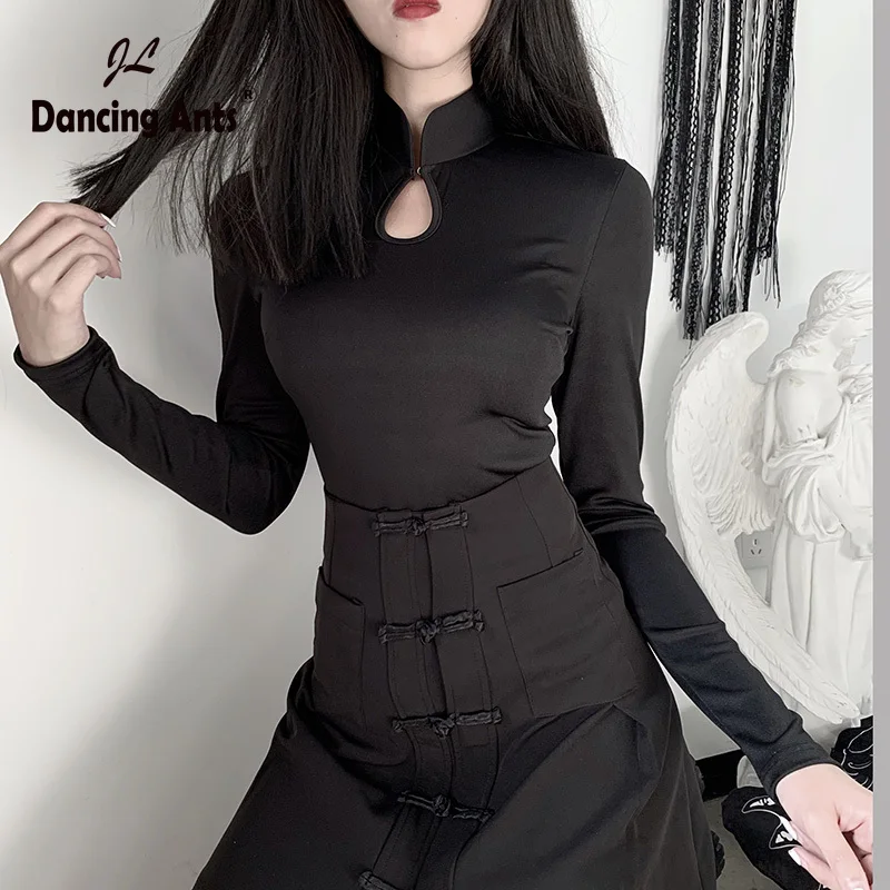 

Woman T-Shirt Chinese Cheongsam Long Sleeve Turtleneck Hollow Out Slim Top 2020 Summer Fashion Dark System Gothic Style Top Tee