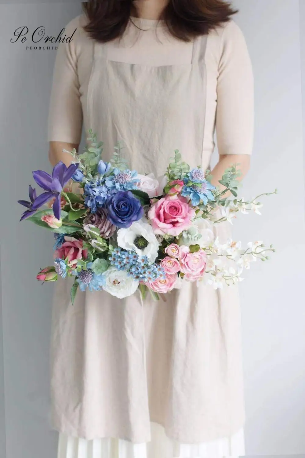 PEORCHID Blue Wedding Bouquet For bride Ramos De Novia New Artificial Bridal Rose Pink flower Bouquet Decoration