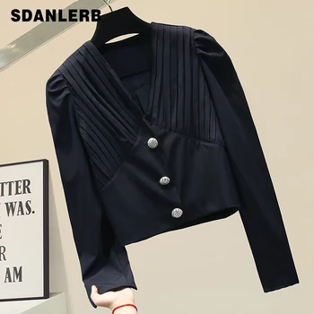 

V-Neck Shirt 2020 Spring New Short Pleated V-neck Shirts Women's All-match Cropped Top Blouse Women Blusas Femme Mujer Blusas