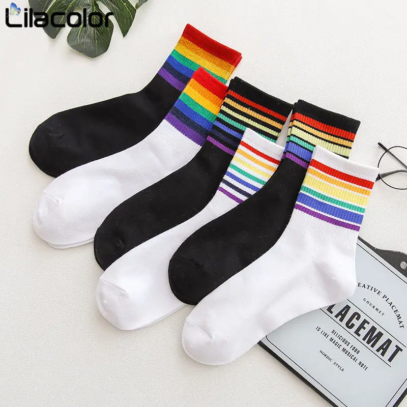 

Women Socks Autumn Women's Socks Cotton Rainbow Stripes Socks Christmas Fashion Warm Christmas Casual Tide Socks harajuku korean