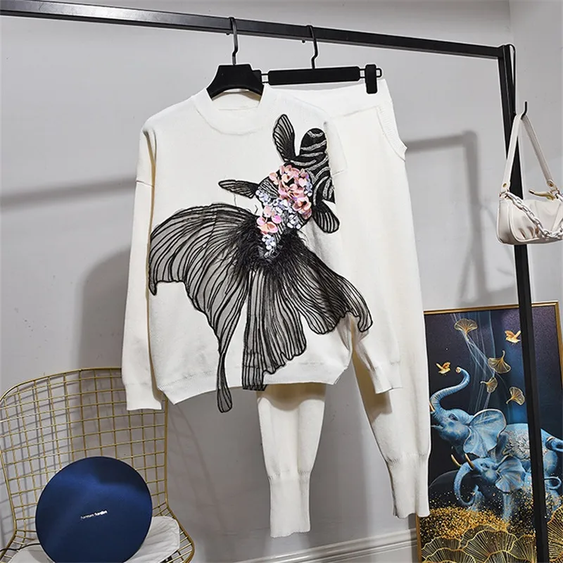 

White Gray Black Knitted Tracksuit Women 2pc Applique Pullover Sweater Pencil Pants Two Piece Set Female Loose Casual Knit Suit