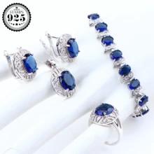 Серебро 925 Свадебный синий кубический цирконий Ювелирные наборы серьги для женщин Cosutme ювелирные изделия Свадебные ожерелье Кольца Набор подарочная коробка