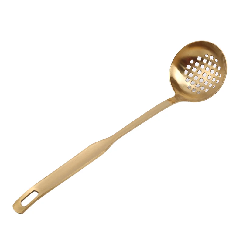 Stainless Steel Gold Soup Long Handle Ladle&Slotted Colander Spoon Set Hot Pot Strainer Filter Skimmer Kitchen Cooking Tool