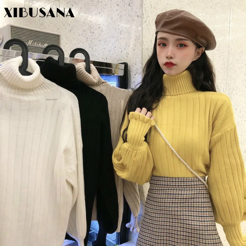 

XIBUSANA Sweaters for Women's 2020 Winter New Vintage Solid Turtleneck Puff Sleeve Basic Pullovers Loose Knitting Shirts Female