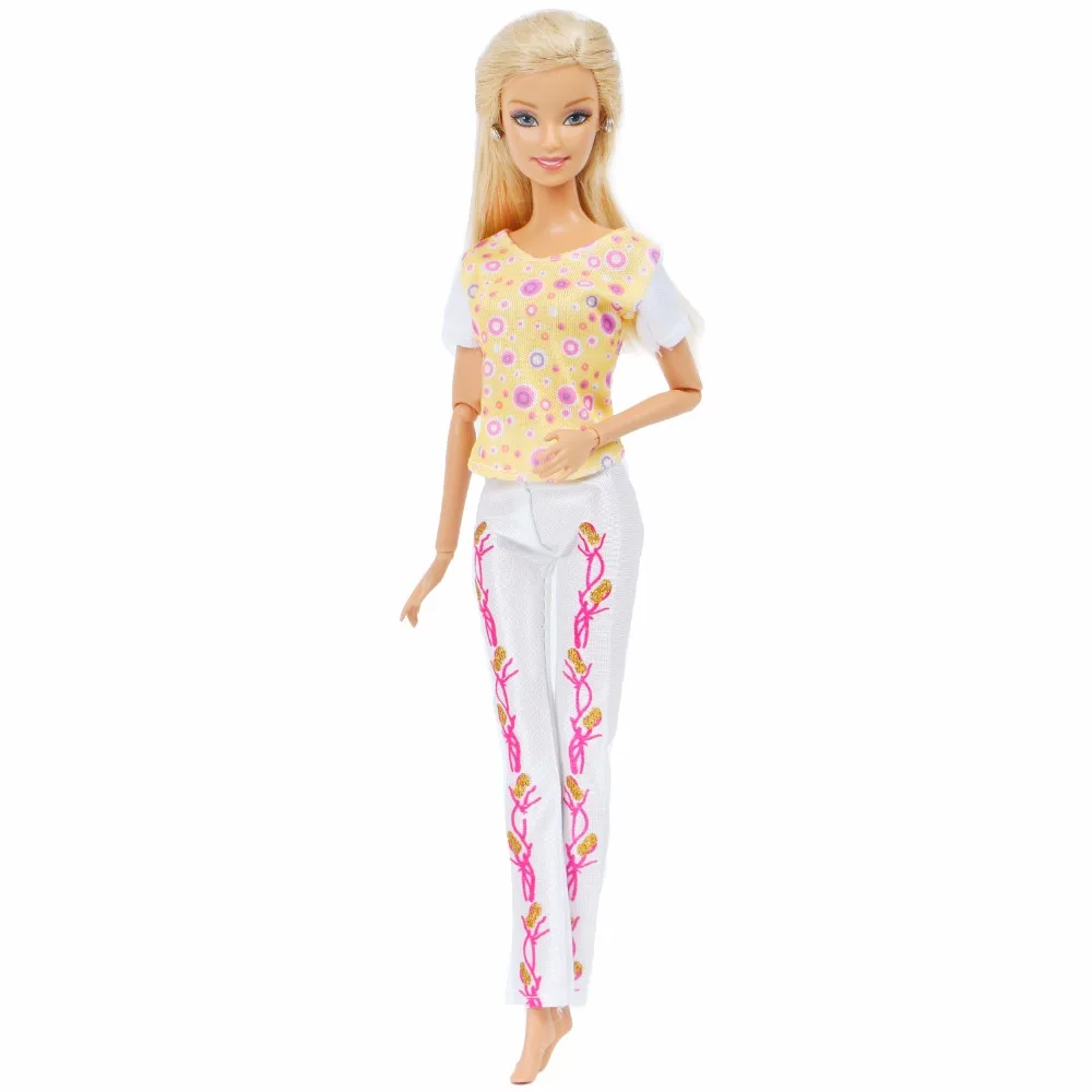 Модный кукольный наряд для куклы Барби, одежда на каждый день, желтая футболка с круглым вырезом, блузка, Белые Спортивные штаны брюки, аксессуары для куклы