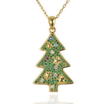 

XiaoJing 925 Sterling silver gold Christmas tree pendant chain Colorful zircon necklace for Women fashion Christmas Jewelry gift