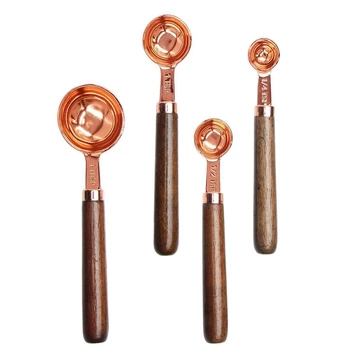 

Rose Gold Stainless Steel Measuring Spoons Set of 4 pieces Coffee Scoop with Wood Handle
