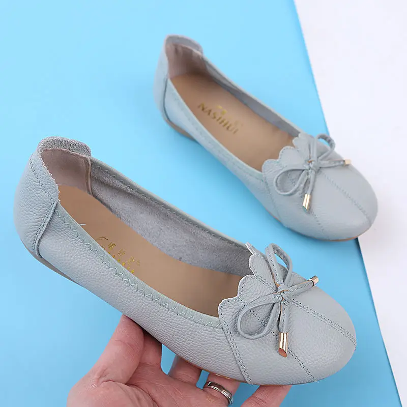 OUKAHUI Spring Autumn Soft Bottom Genuine Leather Ballet Flats With Bow Shoes For Women Loafers Shallow Slip-On Flat Shoes Women