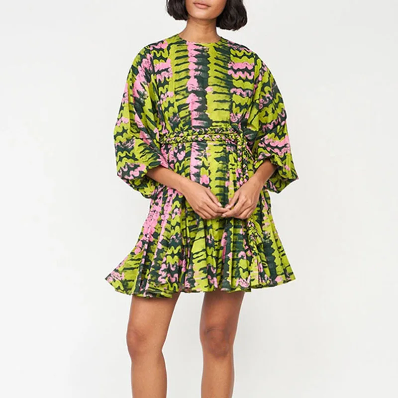 

2020 Summer New Women's Dress O Neck Lantern Sleeve Printed Boho Beach Style Hippie Gypsy Ruffle Female Mini Dresses Vestidos