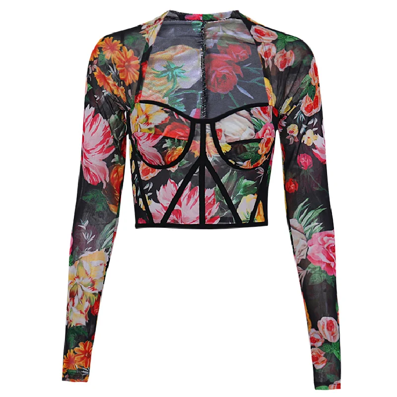 Floral Printed InstaHot, Цветочная сетчатая лодка, сексуальный топ с длинным рукавом, женские вечерние облегающие лоскутные футболки для клуба, Офисная Женская Винтажная Футболка - Цвет: Floral Printed