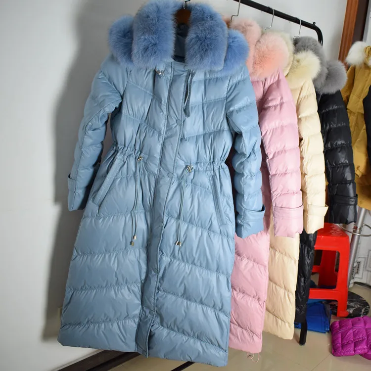 Winter New Style Double Fox Large Fur Collar down Jacket Women's Mid-length over-the-Knee Thick Slim Fit Large Size Coat Fa