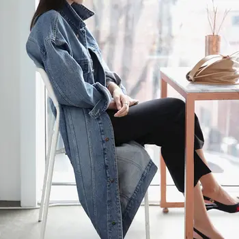 

Large Size Women's Denim Jacket Spring Autumn Korean Loose Long Coat Windbreaker Turn-down Collar Single Breasted Tops 4XL f2711