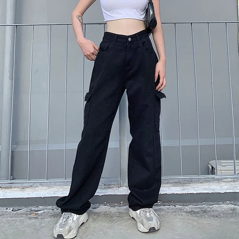 

High Street Women's High Waist Solid Color Cargo Pants Loose Straight Leg Pants With Pocket Decoration Autumn Lady Wear