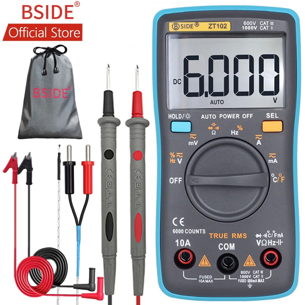 

BSIDE ZT102 Ture RMS Digital Multimeter AC/DC Voltage Current Temperature Ohm Frequency Diode Resistance Capacitance Tester