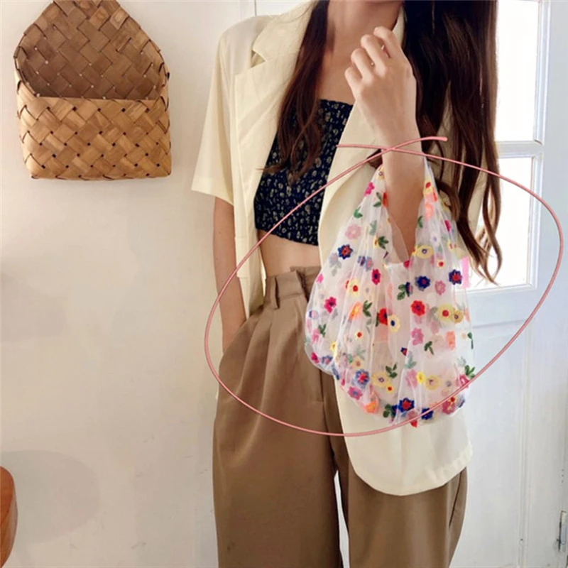 

Fashion Translucent Tulle Embroidery Flower Shopping Bag Floral Fairy Small Fresh Mesh Handbag Convenient Clear Storage bag