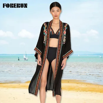 

FORERUN Pareo Beach Cover Up Summer Embroidery Vintage Dress Women Long Maxi Folk Style Saida De Praia Plus Size Vestido Playa