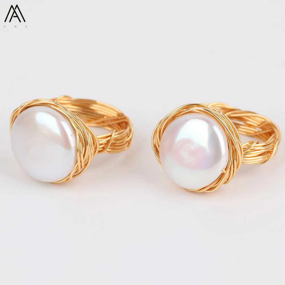 

5PCS/Lot Fashion Lady Flat White Freshwater Baroque Pearl Rings Handmade Jewelry,Gold Pearl Rings For Women Wedding Ring TSMN-40