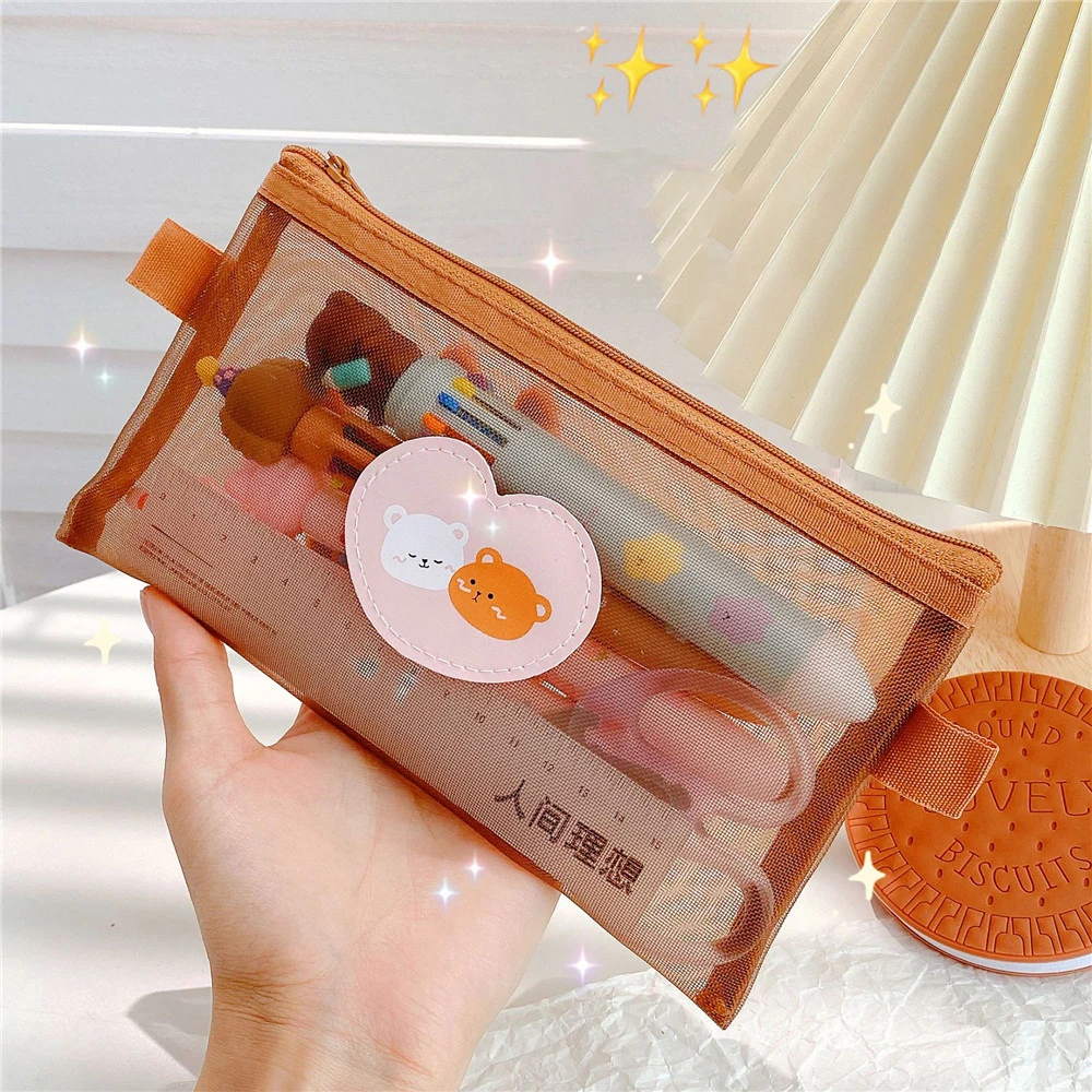 Cute Bear Transparent Mesh Pencil Case Ins Portable Toiletry Makeup Pencil Bag Stationery Gift School Pencil Box Crafts Supplies