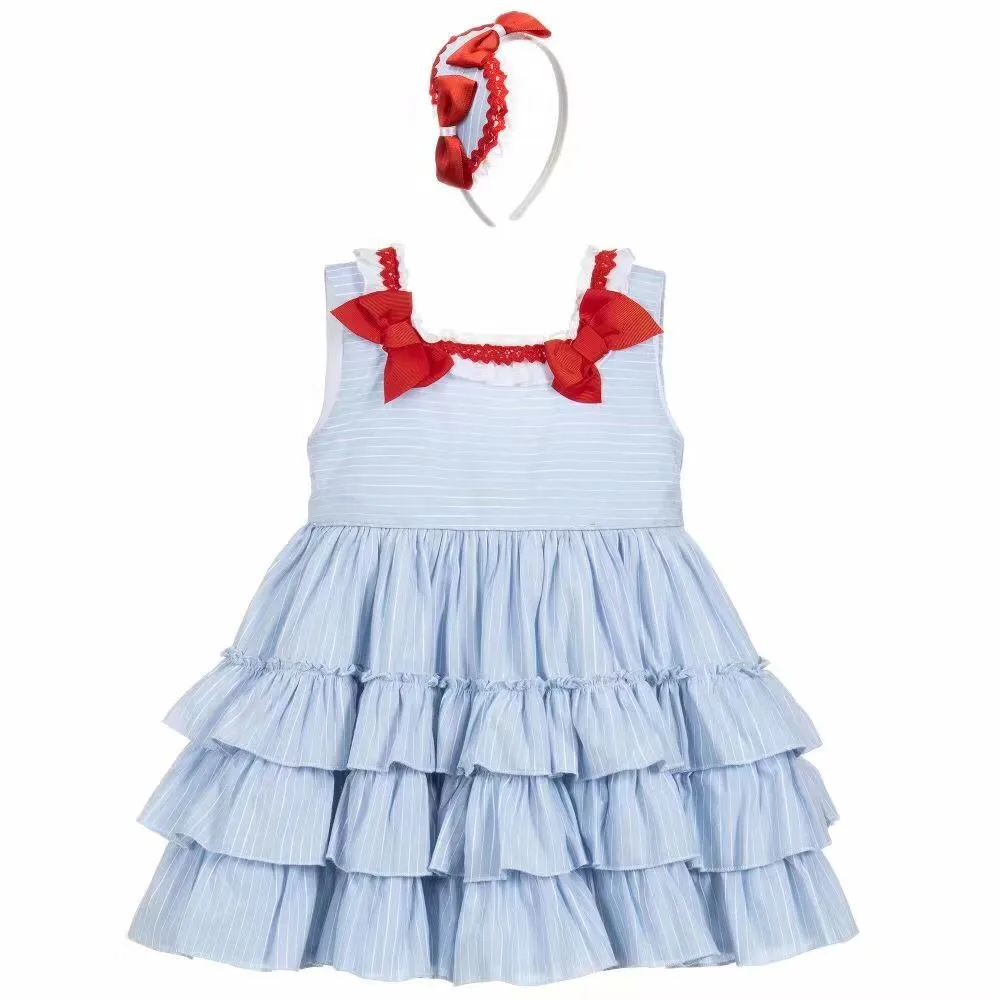 Платье в бело-синюю полоску с бантом для девочек