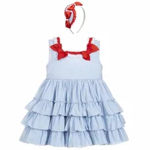 Платье в бело-синюю полоску с бантом для девочек