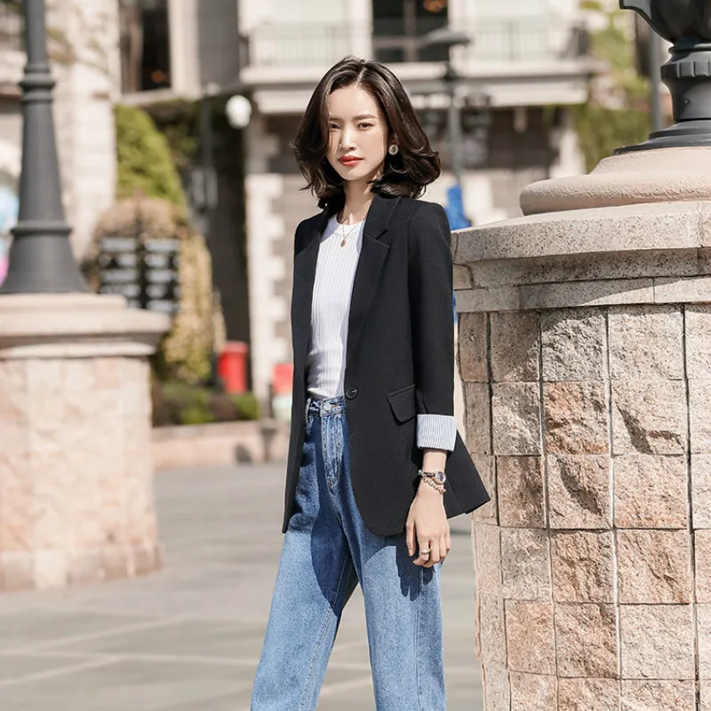 2020 new Korean spring and summer casual mid-sleeved small suit jacket Ladies work clothes Slim blazer feminine high quality