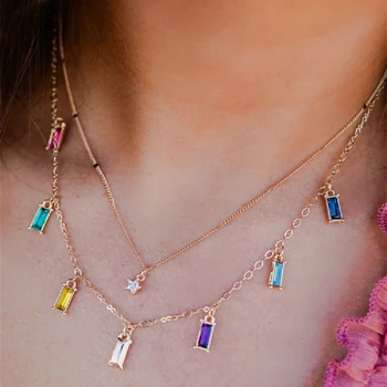 Fashion Crystal Five-pointed Star Color Rectangle Pendant Necklaces For Women Multilevel Geometry Chain Female Necklace Jewelry