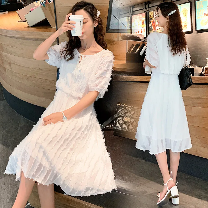 

2019 Summer Korean-style Hong Kong Style Dress Waist Hugging Elegant Slimming Students Fashion Very Fairy over-the-Knee Versatil