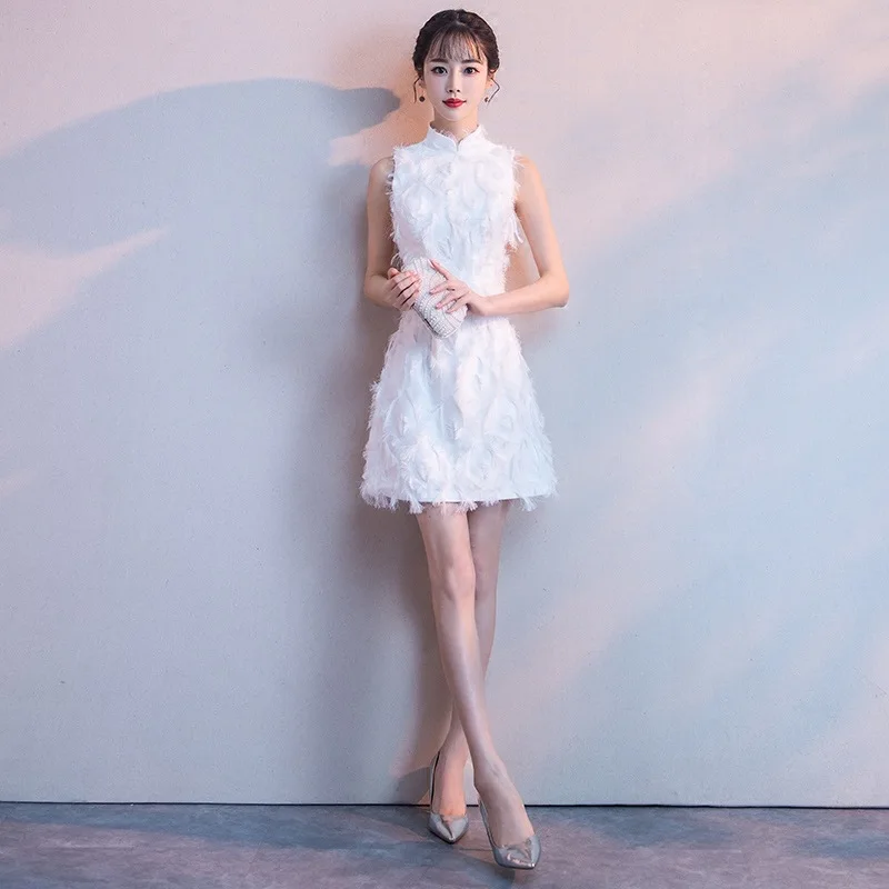 Белое Женское платье без рукавов Cheongsam, короткие тонкие вечерние платья, весеннее китайское стильное платье с воротником-стойкой, Qipao, сексуальное платье Vestido XS-3XL