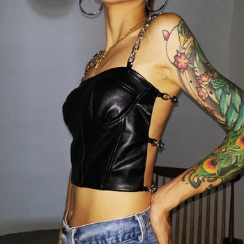 

women sexy Strapless PU leather metal chain strap crop camis 2020 new fashion sexy female PU backless tees tops
