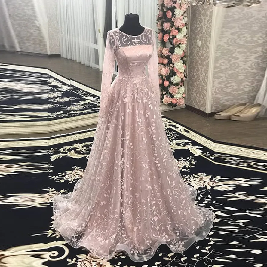 cheap prom dresses Modest Pink Floral Lace Prom Dresses With Full Sleeves Elegant A-line Long Evening Gowns Vestido Formatura Abiye Prom Gowns long prom dresses