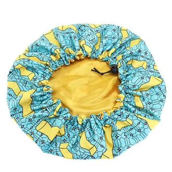 

Blue New Extra Large Size African Pattern Satin Bonnet Big Wave Brim Ankara Dashiki Night Sleep Cap Women Flower Turban