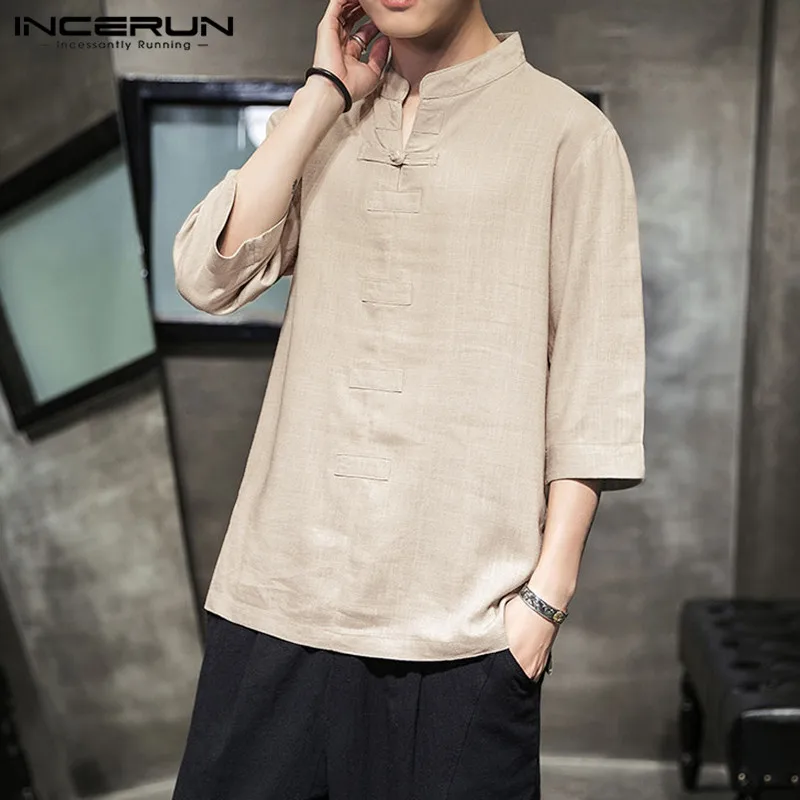 

INCERUN Casual Tang Suit Men 3/4 Sleeve Pure Color Chinese Collar Pullover Tops Harajuku Wild Buckle Cotton Mens T-shirt Camisa