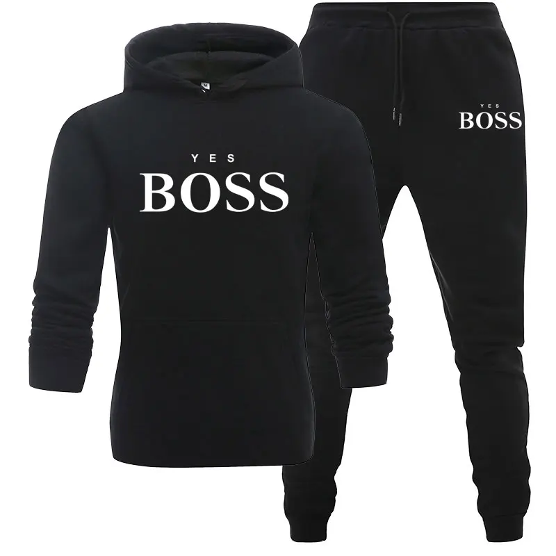 Для мужчин да принт Boss костюм Двойка комплект толстовки с капюшоном + брюки для