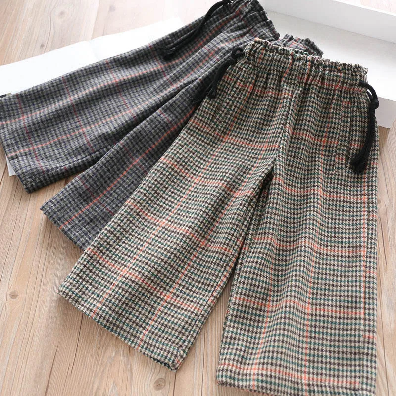 

22140 2201 Girls' Trousers 19 Autumn New 2 Colors Plover Tartan Capri Loose Pants Childrenswear