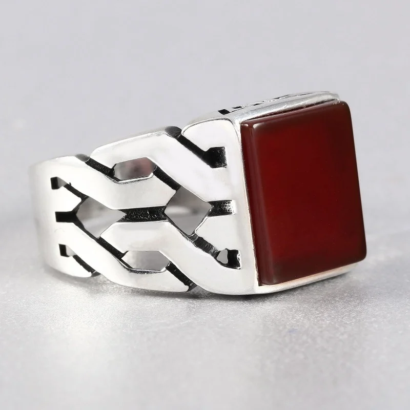 Fashion Men's Black Red Square Drop Glaze Hollow Ring Silver Vintage Punk Bike Party Jewelry Fashion Men's Black Red Square Drop Glaze Hollow Ring Silver Vintage Punk Bike Party Jewelry