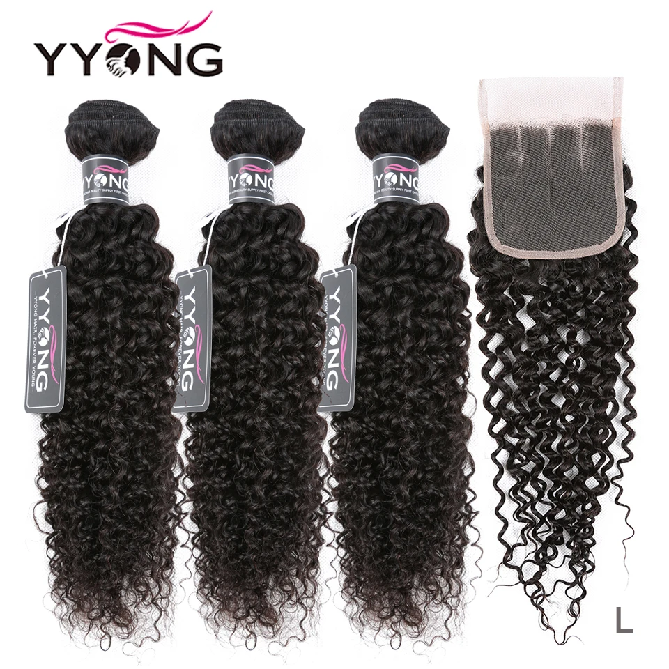 Yyong Hair Brazilian Kinky Curly Bundles With Closure 3 Bundles Human Hair With Closure Remy Hair Weave Bundles With Closure|3/4 Bundles with Closure| - AliExpress