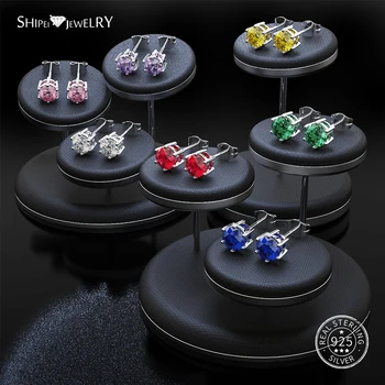 

Shipei 100% 925 Sterling Silver Fine Jewelry Sapphire Emerald Ruby Round Stud Earrings Simple Ear Studs for Women Birthday Gift