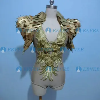 

Gold sequined feather cloak bodysuit suit DJ DS GOGO night club bar Women Singer Dancer Wear Stage festival Rave Party Outfit