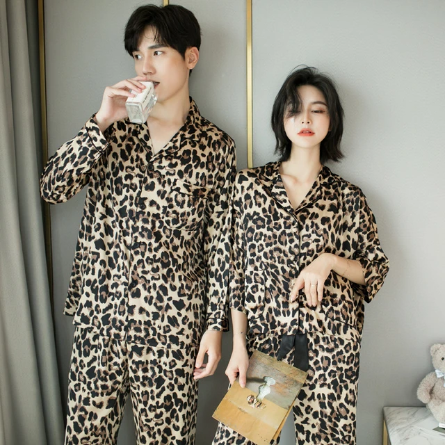 Women's Pajamas Silk Like V Neck Homewear Sexy Leopard Print Leisure  Nightwear Long Sleeve Cardigan Suit Large Size Home Clothes