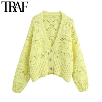 

TRAF Women Fashion Bejewelled Buttons Cropped Knitted Cardigan Sweater Vintage Puff Sleeve Female Outerwear Chic Tops