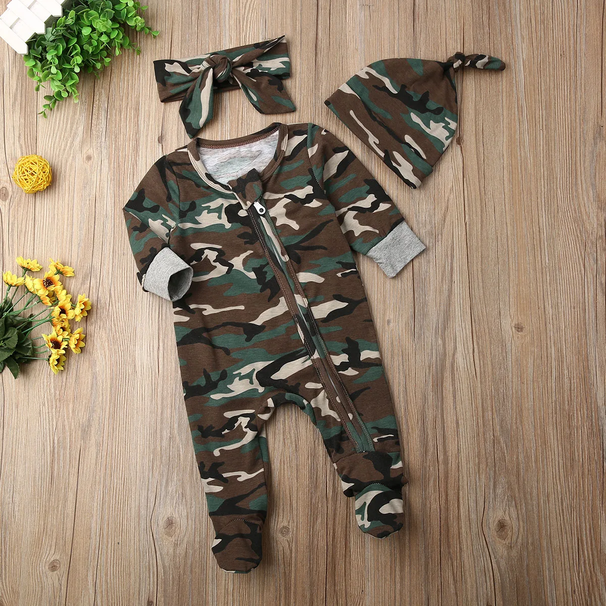Камуфляжный армейский зеленый комбинезон с длинными рукавами для новорожденных детей, джемпер на молнии для маленьких мальчиков и девочек, комбинезон, осенняя одежда, комплекты одежды